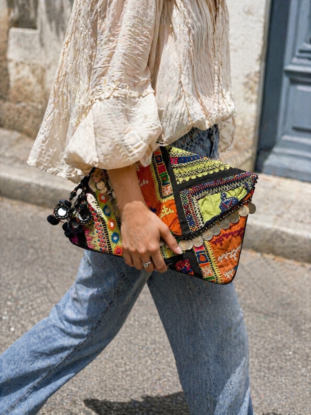 ANTIK BATIK Banjo Embellished Clutch Green/Orange